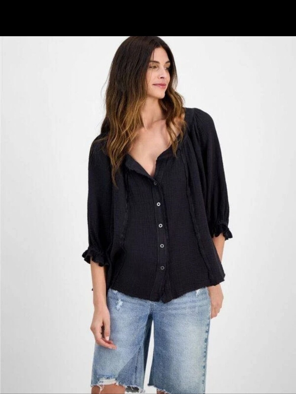 NWT Free People Women's Black Lucy Solid Swing Puff Sleeve Button-Up Top - XL